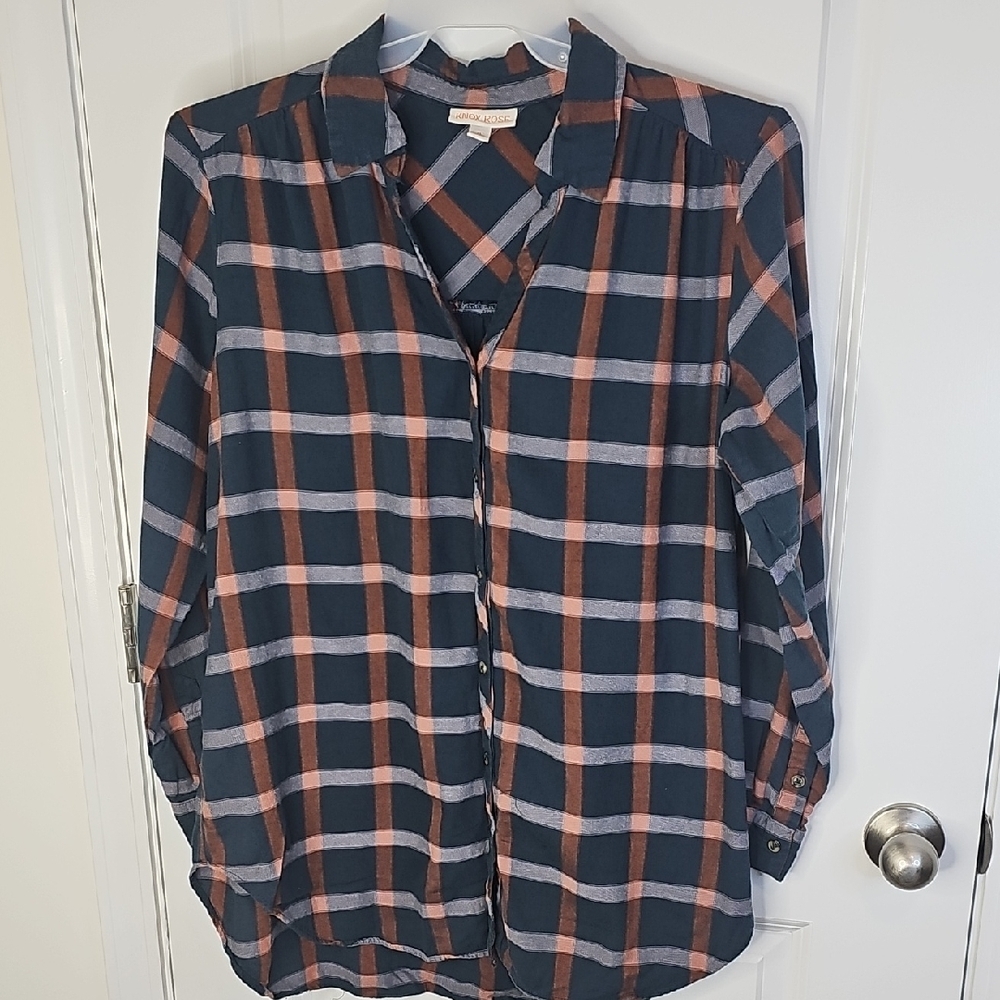 Knox Rose‎ Women's Navy and Rust Plaid Button-Down Shirt Size XL